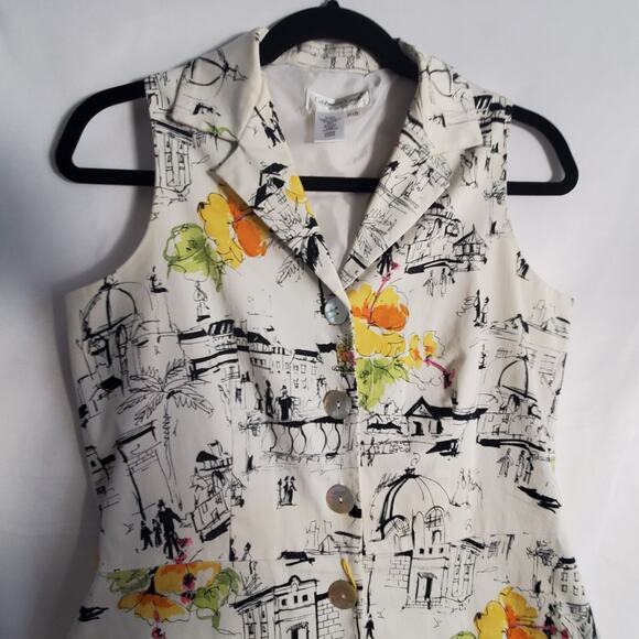 Coldwater Creek Dress P10 Travel Sketch Print Sleeveless Button Front - Picture 2 of 11